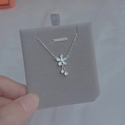 Blue Flower Necklace With Zircon Tassel Pendant For Women