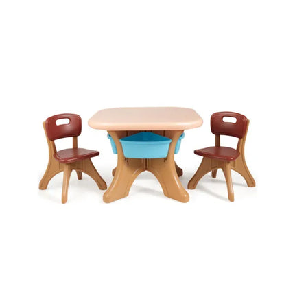Bruin Kinder Tafel En 2 Stoele Stel Met 4 Bergingsbokse, Kleuteraktiwiteitstafel Vir Teken Speel Eet, Kinder Meubels Vir Binne Buite