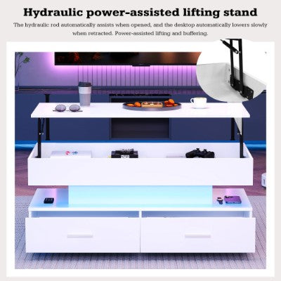 Hidrouliese Hysbak Top Koffietafel, LED Koffietafels Met Berging Vir Sitkamer, Koffietafel Met 2 Laaie & LED Lig Vir Eetkamer Ontvangsarea, Wit