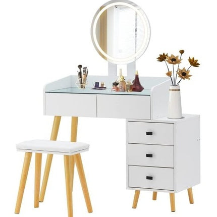 Kaptafel met LED-ligte, Glaskap, Uitskuifbare Syktafel, 5 Laaie, Spieël en Stoeltjie vir Slaapkamer