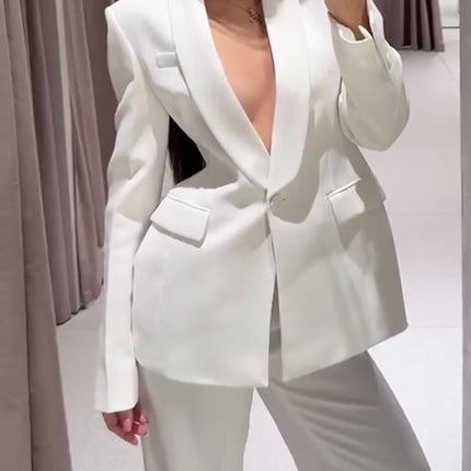 Solid Color Lapel Suit Jacket & High Waist Pants Set