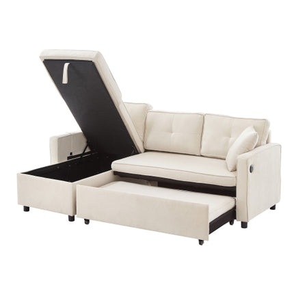 L-vormige Uittrekbare Slaapbank, Moderne Omkeerbare Slaapbank, 3-in-1 Omskakelbare Slaapbank met Bêre Chaise, Opvoubare Tafel, Bekerhouers en Laaipoorte