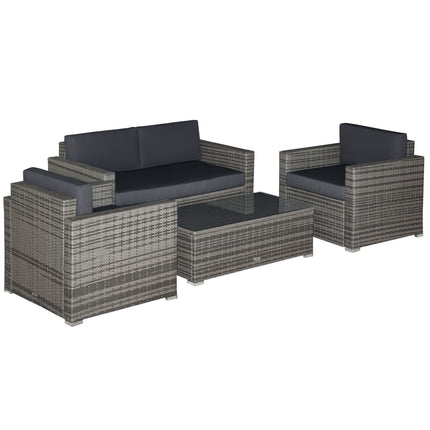 4-stuk Wicker Patio Meubelstel met Kussings, Buitelug Seksionele Meubels met 2 Banke, Liefdesitplek, en Glaskoel koffietafel, Gespreksbankstelle vir Tuin, Swart