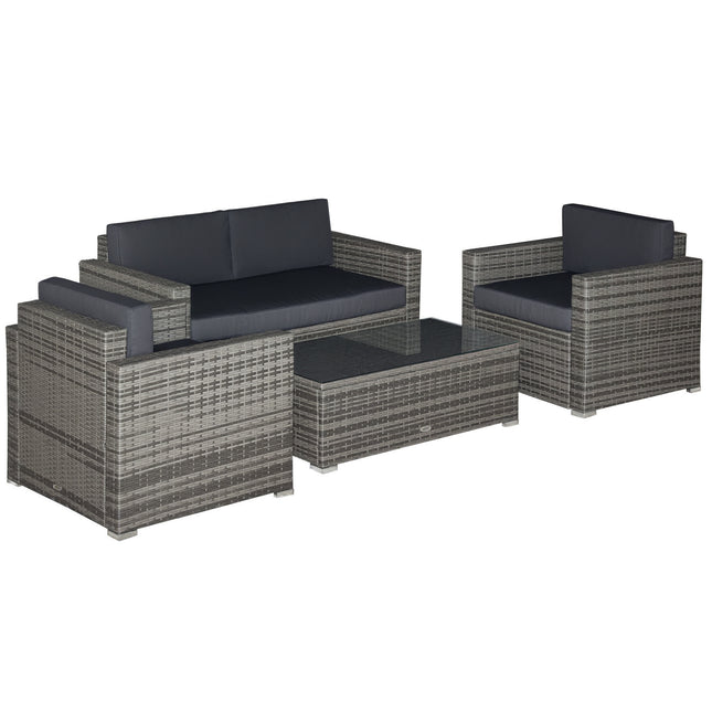 4-stuk Wicker Patio Meubelstel met Kussings, Buitelug Seksionele Meubels met 2 Banke, Liefdesitplek, en Glaskoel koffietafel, Gespreksbankstelle vir Tuin, Swart