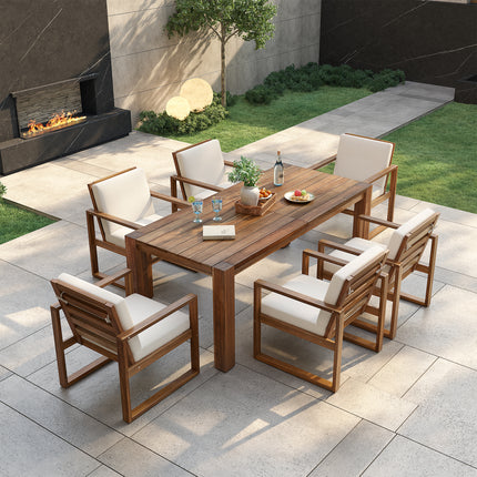 TREXM Patio Tafel En Stoele Stel  Buite Eetstel Vir 6 Met Sambreelhoek  7 Stuk Buite Patio Meubelstel Houtraam Met Verwyderbare Kussing Vir Tuin, Agterplaas, Grasperk En Swembad