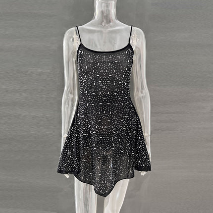 Trendy Rhinestone Sheer Party Dress - Women's Sexy Mini