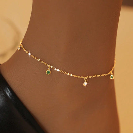 Fresh And Minimalist 925 Silver White And Green Zircon Pendant Ankletperfect For Womens Everyday Jewelry