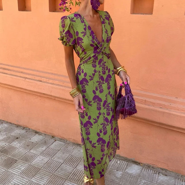 Summer V-neck Short-sleeved Dress Fashion Flowers Printed Slim Beach Dresses For Women Clothing