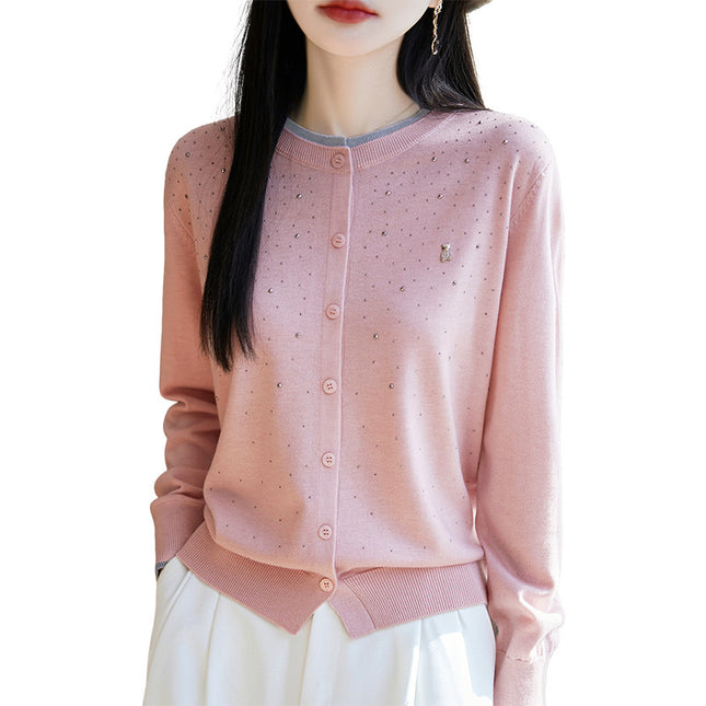 Wool Bear Rhinestone Cardigan Round Neck Long Sleeve Top