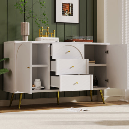 Buffetkas Vir Sitkamer, Laaikas Met 2 Deure En 3 Laaie, Verstelbare Rak, Roomwit, 40D X 140W X 84H CM