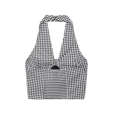 Design Halter Off-the-shoulder Smocking Plaid Camisole