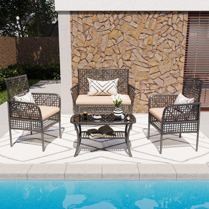 4 Pieces Outdoor Patio Furniture Set,PE Rattan Wicker Garden Conversation Chairs With Tempered Glass Table And Soft Cushions For Backyard Pool Or Lawn