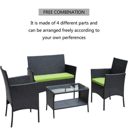 4 ST Rattan Patio Meubelstel Buite Patio Opgestopte Sitplek Rieten Bank Groen Kussing