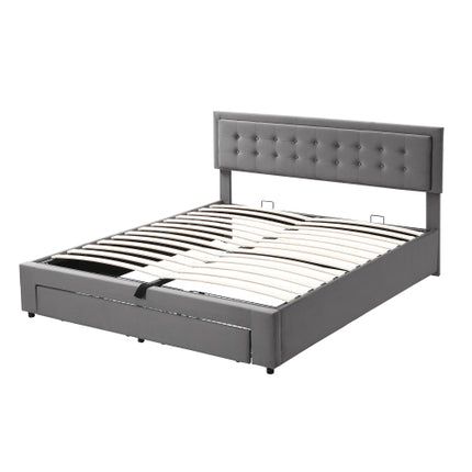 Gestoffeerde Koninggrootte Bed 150x200cm Fluweelstof Dubbelbed Groot Bergingspasie, Met Latte En Kopstuk, Sonder Matras, Grys