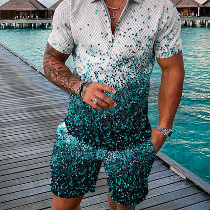 Men's Summer Fashion 3D Printed Short Sleeve Geometric Zip Lapel Shirt Set