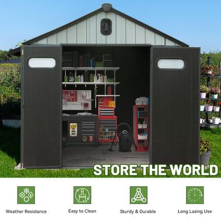 6x6 VT Buiteharsbergingstoets, Waterdigte Plastiektuinwerktuigskuur Met Sluitbare Deur, Vensters & Ventilasie, Buite Berging Werktuigskuur Vir Patio Meubels, Grassnyer, Fiets