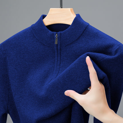 Men's Half-high Collar Zipper Sweater Middle-aged Men's Thickened Keep Warm Pure Color Sweater