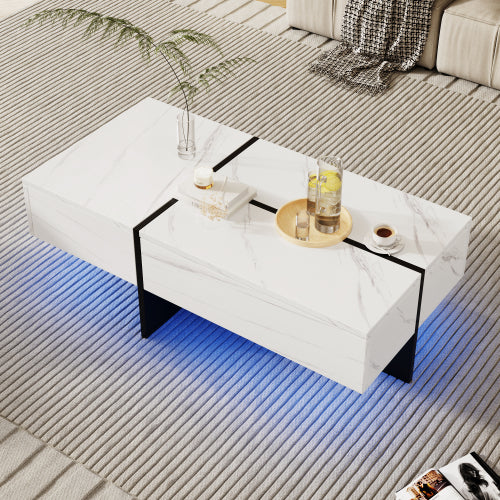 Hoëglans Koffietafel, Wit Marmer-Effek Struktuur Met Bypassende Swart Stygpype, Sitkamermeubels, Met Toepassingbeheerde LED-Beligtingstelsel