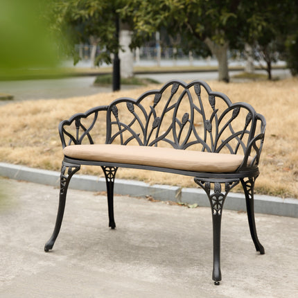 Tulp-patiotuinkbank Metaalparkbank Gegote aluminium buitemeubels met blomrose vir patio, park, grasperk, tuin Swart met kussing