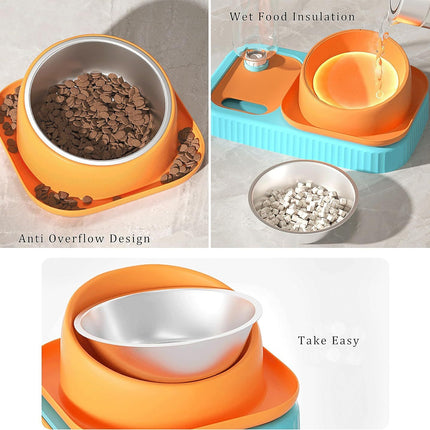 Cat Dog Food And Water Bowl Set Double Food Bowls With Automatic Gravity Water Bottle Raised Slow Feeder Detachable Stainless Steel Bowl 15Tilt Elevated No Spill Dispenser