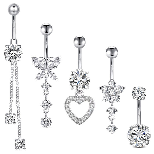 14G Stainless Steel Zircon Heart-shaped Women's Belly Ring Butterfly Pendant