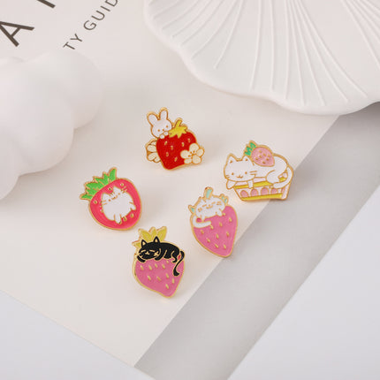 Cute Cat Strawberry Metal Brooch Cake Cat Dripping Oil