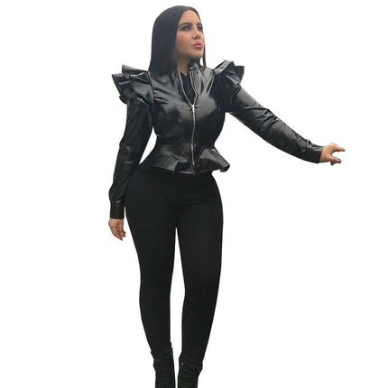Leather Casual Women's Ruffled Leather Jacket