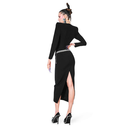 Women's Long Sleeve V-neck European And American Bandage One-piece Dress