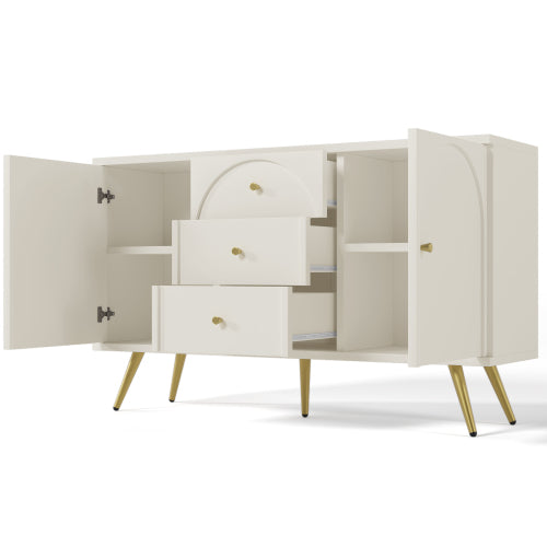 Buffetkas Vir Sitkamer, Laaikas Met 2 Deure En 3 Laaie, Verstelbare Rak, Roomwit, 40D X 140W X 84H CM