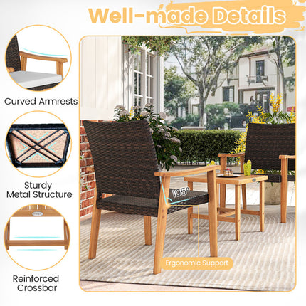 3 Pieces Patio PE Wicker Furniture Set Acacia Wood Outdoor Conversation Bistro Set