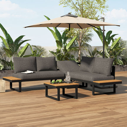 4-5 Sitplek Tuin Sitkamerstel, Gegalvaniseerde Ysterraam Buitenstoepmeubels, 4-stuk Stel, Kantelbare en Verstelbare Sitplek, WPC Tafelbladtafel Ingesluit, Grys Stof Swart Raam