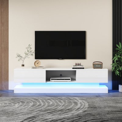 160 Cm TV-Stand Met 16 Kleur RGB LED Ligte, Hoogglans Voorkant TV-Kabinet Met 2 Laaie En 1 Oop Bergruimte, TV-Eenheid Vir 70-79 Duim TV Vir Sitkamer, Wit