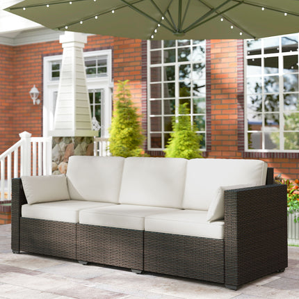 Patiobank PE Wicker Diepsit-buitebank met Verwyderbare Kussings, 3-sitplek Rattanbank, Buitemeubels vir Balkon, Dek, Tuin en Swembad, Roomwit