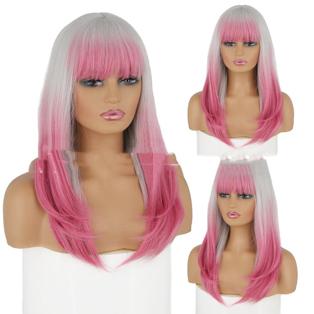 Wig Vroulike Grys Lug Reguit Kuif Lang Hare Effens Krullerige Pruik Hoofbedekking