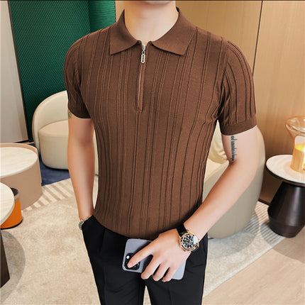Casual Zipper Short Sleeve Men's Retro Elegant Jacquard Lapel