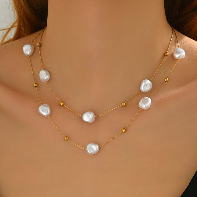 Collar con perlas engastadas de oro de 18 quilates Lxalry, joyería minimalista de acero inoxidable para mujer, ligero, hipoalergénico, regalo para esposa o madre, seguro para la piel, lujoso para el glamur diario y nocturno