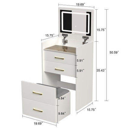 3-in-1 Spogtafel met Oop Bovlak Spieël, Klein Grimering Spogtafelstel met Sigbare Glasblad, Kompakte Grimering Spogtafel met 3 Laaie, Kleedtafel vir Slaapkamer