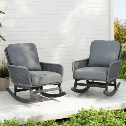 Contemporary Minimalist Ivory Wicker Rocking Chair With Soft Polyester Cushions And Durable Wooden Frame, Perfect For Indoor And Outdoor Spaces Like Patio, Balcony, Or Living Room