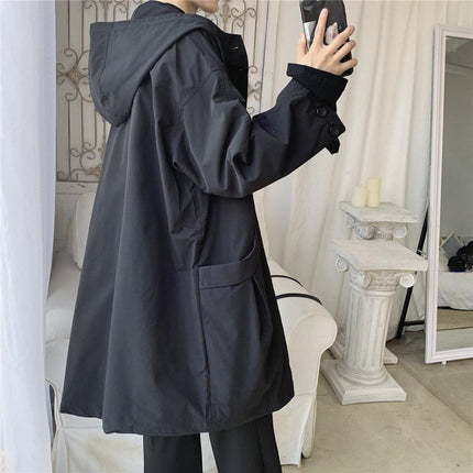 Hong Kong Style Casual Windbreaker Men's Mid-length Hooded Jacket