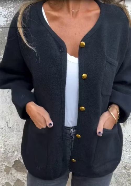 Women's Round Neck Long Sleeve Woolen Coat