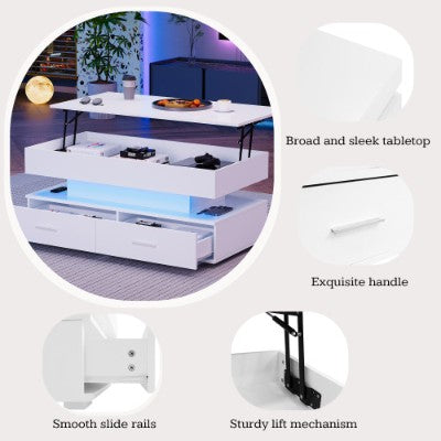 Hidrouliese Hysbak Top Koffietafel, LED Koffietafels Met Berging Vir Sitkamer, Koffietafel Met 2 Laaie & LED Lig Vir Eetkamer Ontvangsarea, Wit