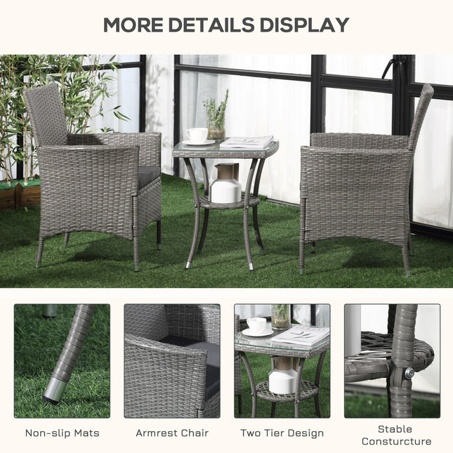 3 Stuks Rotang Bistro Stel, Rattan Tuinmeubelstel Met 2-Vlak Koffietafel En Stoele, Wasbare Kussings, Vir Buite Stoep Balkon, Grys