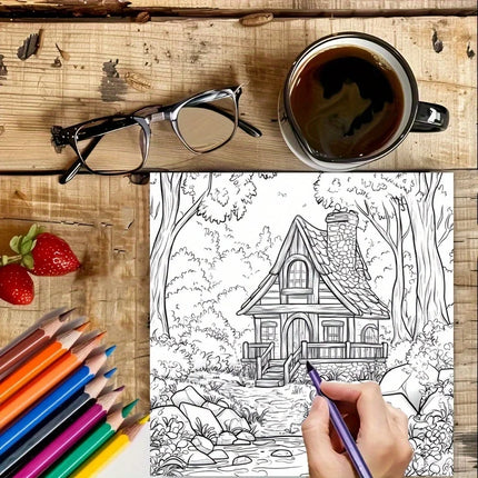 28 Pages Forest House Coloring Book Coloring Book For Adult Stress Reduction Colouring Book Valentine's Day Gifting, Birthday Party Gift, Drawing Supplies, Christmas Gift, Back To School Supplies