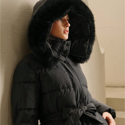 Anewsta Women's Solid Color Long Sleeve Zip Up Hooded Padded Coat With Faux Fur Trim