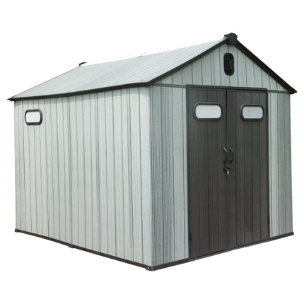 8X10FT Buiteharsbergingskuur, Waterdigte Plastiektuinwerktuigskuur Met Toesluitbare Deur, Vensters & Ventilasies, Buitegereedskapskuurtjie Vir Patiomeubels, Grassnyer, Fiets