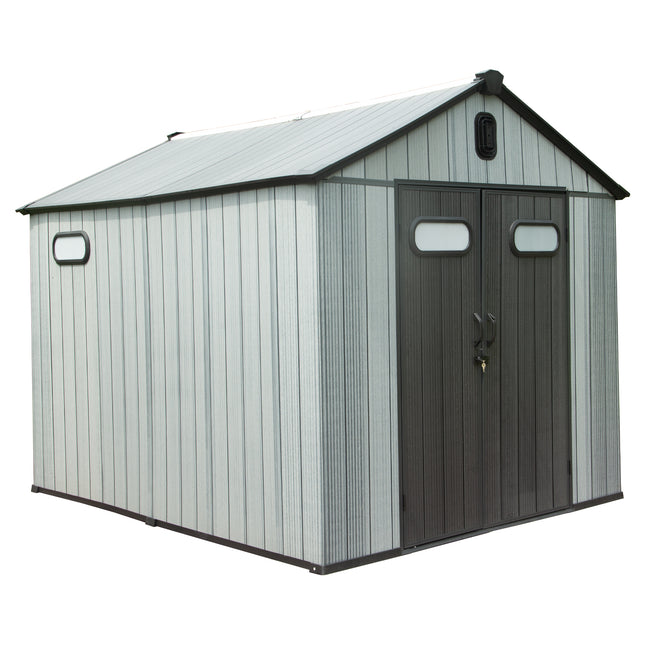 8X10FT Buiteharsbergingskuur, Waterdigte Plastiektuinwerktuigskuur Met Toesluitbare Deur, Vensters & Ventilasies, Buitegereedskapskuurtjie Vir Patiomeubels, Grassnyer, Fiets