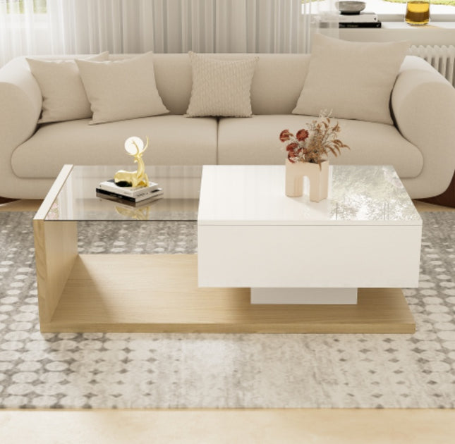 Koffietafel In Hoogglans Wit En Houtkleurkombinasie. Sytafels, Koffietafels Met Glas En LED
