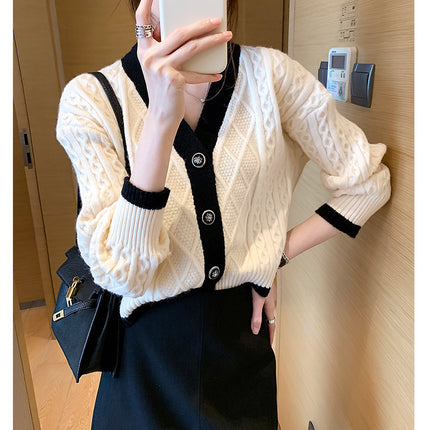 Retro Contrast Color V-neck Knitted Cardigan Women