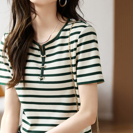Striped Contrast Color Decorative Buckle Top