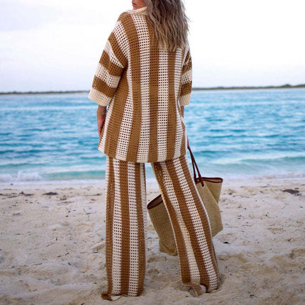 Women's Fashion V-Neck Hollow Out Striped Shirt Loose Knit Wide Leg Pants Set